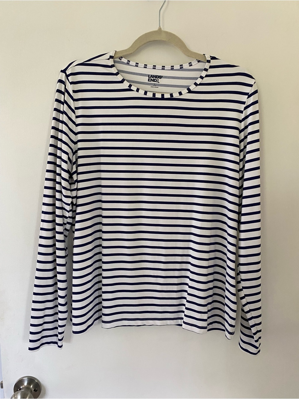 Lands' End Navy & White Striped Rash Guard Swim Shirt Sun Protection Large
